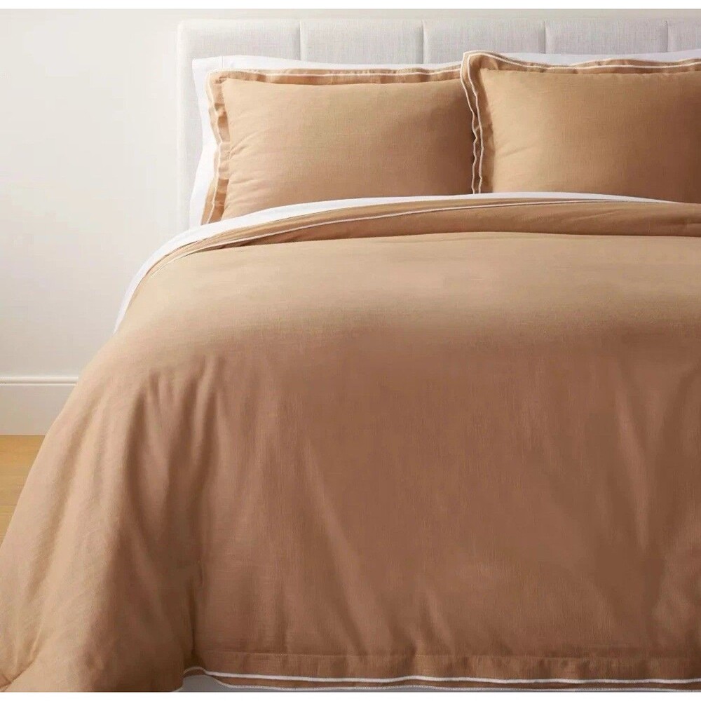 King Double Flange Merrow Stitch Duvet Cover & Sham Set Camel/Off-White NEW